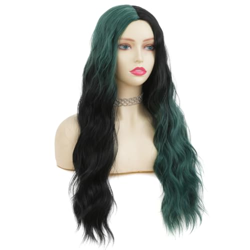 Green and Black Wigs for Women Long Curly Wavy Wigs Synthetic Natural Hair Wigs for Halloween Cosplay Us