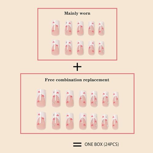 Valentines Long Press on Nails White French Tip Long Fake Nails Coffin Square White False Nails with Red Heart Deign Acrylic Nails Press on Artificial Nails Stick on Nails For Women-24Pcs
