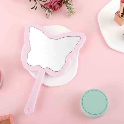 Butterfly-Shaped Handheld Mirrors, Cosmetic Hand Mirror with Handle Small Butterflies Mirrors Decorative Hand Held Mirror for Student Women Girls Valentine's Day Travel Pink