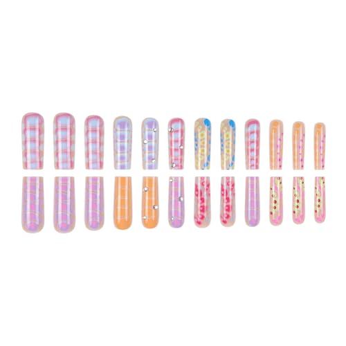SINHOT Square Press on Nails - Long Fake Nails, Glossy Finish, Colorful Ombre & Crocodile Print, DIY Artificial False Nail Art - 24 Pcs Nail Kit with Glue