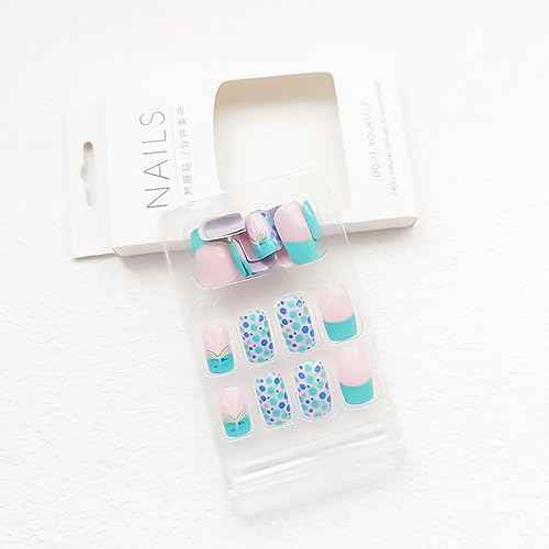 24pcs Square Press on Nails - Glossy Glue on Nails, Green French Tip Acrylic Nails with Butterfly Design False Nails for Women's Manicure