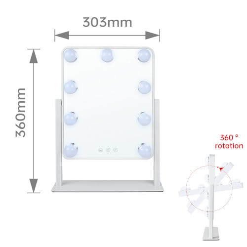 Hollywood Vanity Mirror with Lights,Tabletop Makeup Mirror with 9 LED Lights Smart Touch Control 3 Colors Light 360¡ÆRotation Detachable 10X Magnification