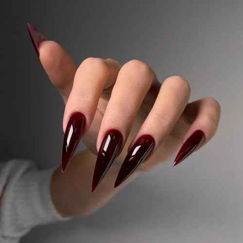 Long Almond Nails Halloween Press on Nails Extra Long Fake Nails Dark Red Press ons Glossy False Nails Cover Stick on Nails for Women Halloween Nail 24Pcs