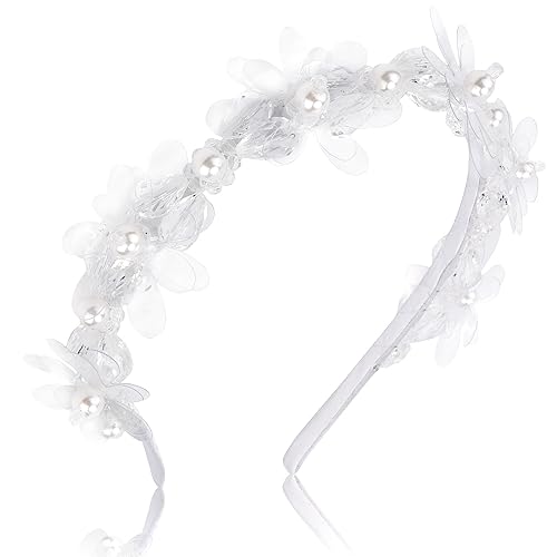 AHONEY Headband, White Flower Headpiece for Women and Girls, Elegant Dressy Hair Band with Pearl, Acrylic, Crystal Beads, Resin - Daily, Party, Wedding, Dating, Concert, Photoshoot Hair Accessories