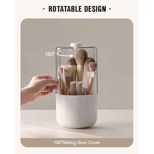 EACHY Makeup Brush Holder 360¡Æ Rotating with Dustproof Lid, Waterproof Material, 7 Compartments for Organized Storage, Stylish and Durable Design for Vanity (White)
