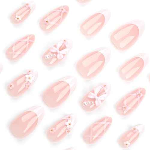 White French Tip Press on Nails Short Almond Fake Nails with Bow Pearl Flower Charm Designs Light Pink Full Cover Glue on Nails Press ons Cute Acrylic False Nails for Women Girls 24 Pcs