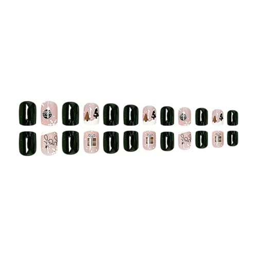 24 Pcs YEFIUO Christmas Green Press on Nails Short Square Xmas Cute Pink Fake Nails Press ons Nail Art Tip Full Cover Acrylic False Nails Glue on Nails Stick on Nail with Christmas Tree Lantern Design