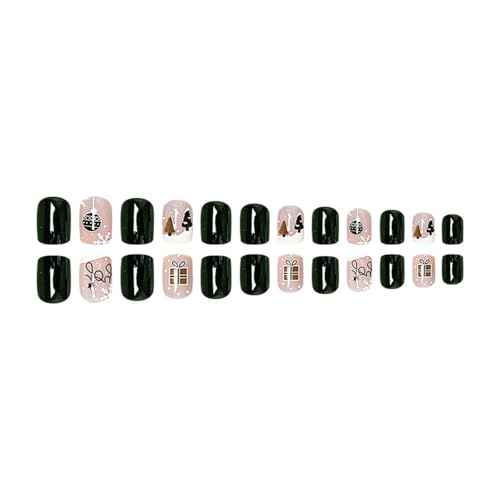 24 Pcs Christmas Green Press on Nails Short Square - SHANRUN Xmas Pink Fake Nails Press ons Nail Art Tip Glue on Nails Full Cover Artificial Acrylic False Nails Christmas Tree Lantern Gift Box Design