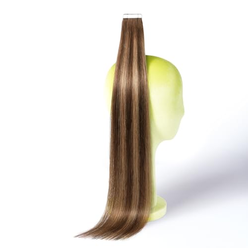 DNE Tape in Hair Extensions Real Human Hair 24 inches 20Pcs/50g/Pack Seamless Dark Brown to Chestnut Brown#T4-P4/27 Straight Invisible Double Sided Tape in Hair Extensions for Women/Girls