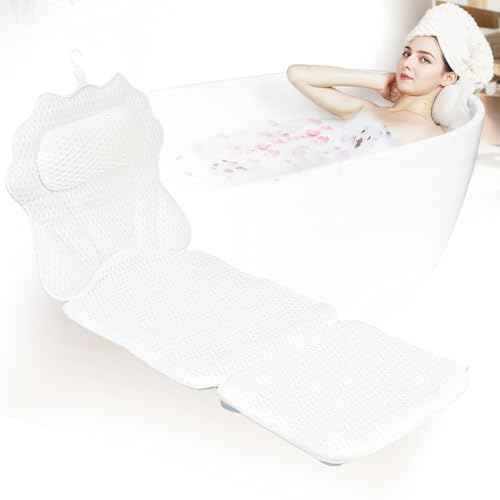 Full Body Bath Pillow for Bathtub, Spa Tub Cushion with 10 Suction Cups - 4D Air Mesh Quick-Dry Bathtub Pillow for Head, Neck & Back Support - Includes Laundry Bag