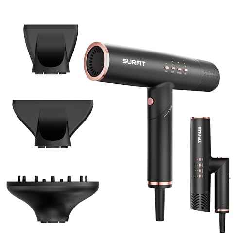 Hair Dryer with Diffuser, Surfit Blow Dryer, Foldable Travel Hairdryer, 110,000 RPM Professional Ionic Hair Dryer for All Hair Types, 1 Min Fast Drying, Precision Styling, No Heat Damage
