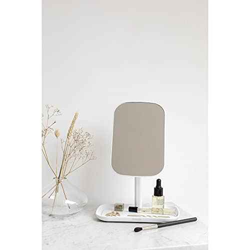 Brabantia Renew 360° Adjustable Vanity Bathroom Mirror with Stand & Storage Tray (White) Non-Slip Tray for Makeup, Jewellery, Shaving Accessories (8x8x11)