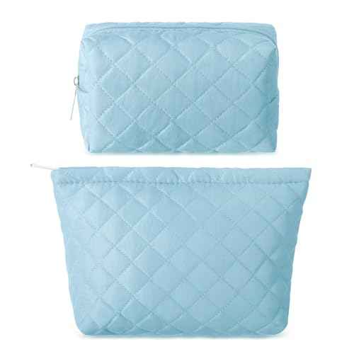2 Pcs Pencil Case Quilted Makeup Bag Aesthetic Cosmetic Pouch for Women Puffer Travel Toiletry Bag Set Cotton Small Purse Pouch Makeup Organizer with Zipper(Blue)