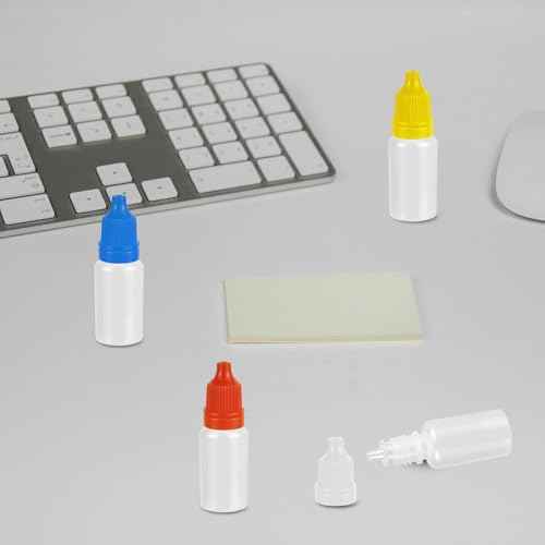 4 Pack Eye Dropper Bottles, 10 ML Plastic Travel Squeezable Empty Dropper Bottles with Caps and Plug (White,Red,Blue,Yellow)