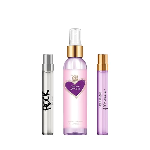 Vera Wang Princess + Rock Princess, Body Mist and Eau de Toilette Spray (2) 3 Piece Gift Set, Notes of Peach, Jasmine, and Vanilla, Women's Fragrance, Long Lasting, Everyday Fragrance
