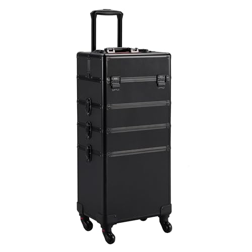 Yaheetech 4 in 1 Professional Makeup Train Case Aluminum Cosmetic Case Rolling Makeup Case Extra Large Trolley Makeup Travel Organizer, with 360¡Æ Swivel Wheels, Black