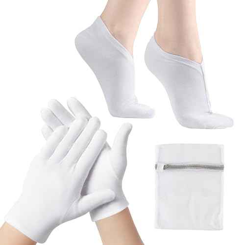 12 Pairs Cotton Moisturizing Gloves and Socks Set (1 Washing Bag Included), Dry Hands Feet Overnight Lotion SPA Treatment, Eczema Skin Friendly, Breathable and Soft Glove Liners for Summer
