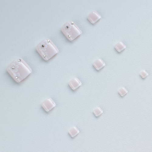 French Tip Press On Toenails, 24 Pcs Short Square Toe Press On Nails with Rhinestone Flower Design, Solid Pink Gradient Full Cover Fake Toenails Glue On Toe Nails Kit for Women-Gradient French Flower