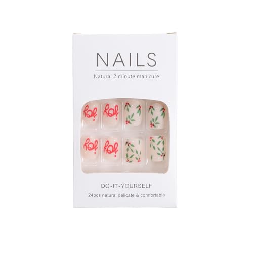 24Pcs Christmas Press on Nails Short Square Fake Nails Red False Nails Press Ons With Christmas Fruit Letter Printing Design Nail Stick on Nails Acrylic Manicure Kit Nail for Women Decor