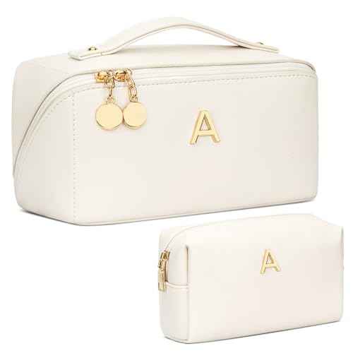 Birthday Gifts for Women Teen Girl, Personalized Initial Makeup Organizer Bag Set, Open Flat Travel Cosmetic Bag With Clear Divider and Handle(Beige,A)