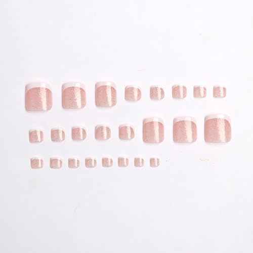 24PCS White French Tip Press on Toenails Short Square Natural Nude Glitter Fake Toenails Acrylic Toe Nails Press on,Classic Artificial Seamless Fit Summer Glue on Fake Toe Nails for Women Manicure
