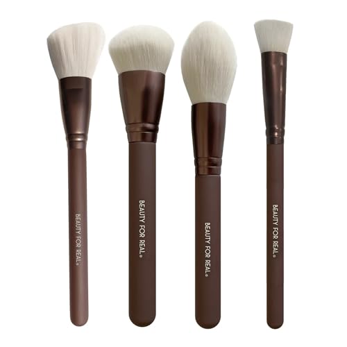 Beauty For Real Essential Pro Complexion Brush Set - Includes 4 Brushes: Blush/Contour, Complexion, Powder & Concealer - Vegan & Cruelty Free