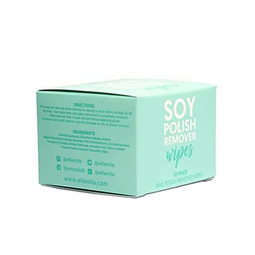 ella+mila Soy Nail Polish Remover Wipes Non-Acetone Lint Free Nail Wipes - Non-Toxic Fingernail Polish Remover - Unscented & Enriched with Vitamins A,C & E (12 Pack)