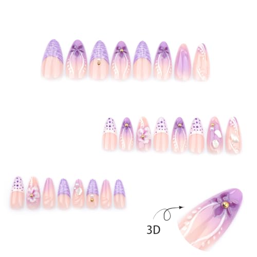 24Pcs French Tip Press on Nails Almond Medium Flower Fake Nails Purple Gradient False Nails with 3D Flowers Pearl Nail Designs Luxury Glue on Nails Acrylic Artificial Nails for Women