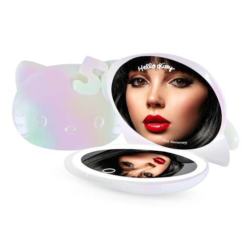 Impressions Vanity Hello Kitty Kawaii Lighted Compact Mirror for Purses, Double Sided Travel Makeup Mirror with 2X Magnification, Adjustable LED Lighting and Soft Touch Switch (Iridescent)