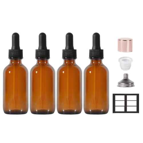 Dropper Bottle,2 oz 4 Pack Glass Droppers Bottle for Oils Eye Dropper Small Travel Oil Amber Dropper with 1 Funnel & 6 Labels - Essential Oils Bottles Tincture Bottles With Dropper Leakproof