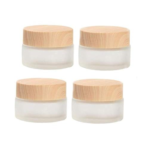 50 Gram/50 ml Empty Sample Jars Round Frosted Glass Bottle Cosmetic Cream Jar Wood Grain Lid Cosmetic Container Glass Cream Box Refillable Cream Pot Jars for Lip Balm Lotion Eyeshadow,4 Pack