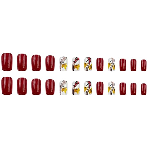 RTKHFZE Maple Leaf Press on Nails Medium Fake Nails Square Glue on Nails Glitter U?As Postizas Medium Nails Press ons Red Full Cover Acrylic Nails 24 Pcs