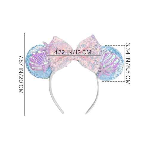 JIAHANG Mermaid Mouse Ears Headband with Sequin Bow, Seashell Hair Band Party Decoration Headwear for Women Girls