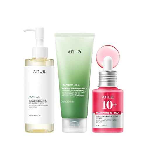 Anua 3-Step Glass Skin Beginner Set, Double Cleansing with Facial Serum, Oil Cleanser & Face Wash with Heartleaf, Daily Routine with Niacinamide, Korean Skincare Set