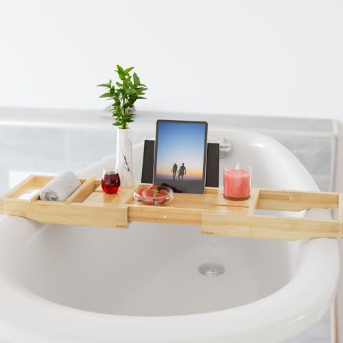 ToiletTree Products Bamboo Bathtub Caddy with Extending Sides and Adjustable Book Holder (Deluxe)