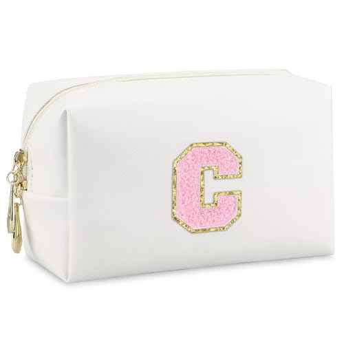 Initial Makeup Bag,Personalized preppy bag Waterproof PU Leather Chenille Letter Cosmetic Bag,Portable Travel Toiletry Bag Monogram Birthday Gift for Women Girls Mom Friends (Letter C)