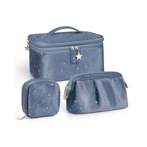 Wedama Makeup Bag Gift for Women, Double-layer Cosmetic Bag with Jewelry Storage and Brush Holder 3 Pcs Velvet Makeup Organizer Bag Gift Set Travel Toiletry Bag for Women Girls, Blue