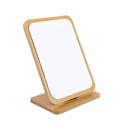 1 PC Rectangular Compact Table Mirror Vertical Wood Frame Mirror Table Mirror 90 Degree Rotation Makeup Mirror Back Stand Makeup Mirror (Vertical)
