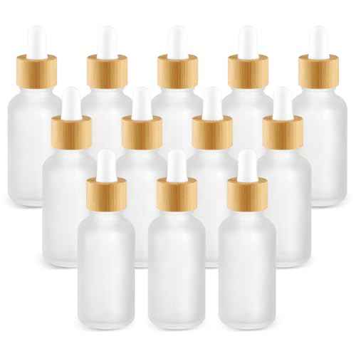 12 Pcs Frosted Glass Dropper Bottle Refillable Essential Oil Container Jars with Eye Dropper & Bamboo Lids for Perfume Sample Cosmetic Liquid Travel - 30ml/1oz