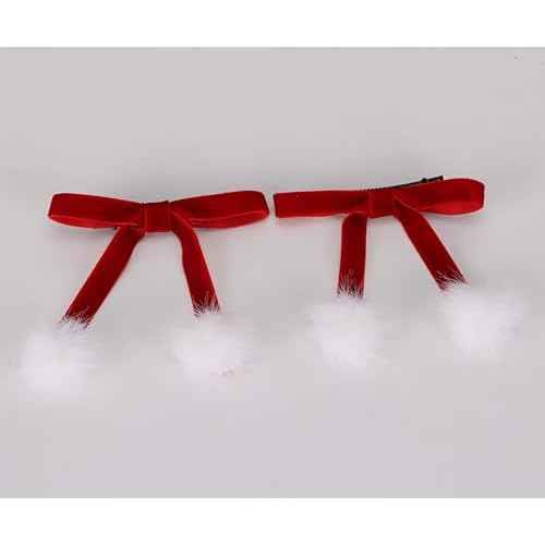 Red Bow Fluffy Fur White Pom Pom Hair Clips & Barrettes 2 Pcs - For Teen Girls Women - Fall Winter Christmas Accessories