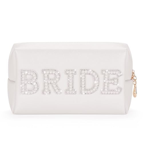 Etercycle Bride Letter Makeup Bag, Bride To Be Gifts Bling Pearl Rhinestone Patch Cosmetic Bag, Waterproof PU Travel Toiletry Bag for Bachelorette Party Women Wedding Bridal (Silver)