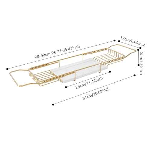 Bathtub Tray Caddy for Luxury Bath, Stainless Steel 26.8-35.4 in Expandable Extra Wide Bath Tub Tray with Natural Marble and Mobile/Tablet Stand, Ideal for Home Spa Lovers (Gold + White)