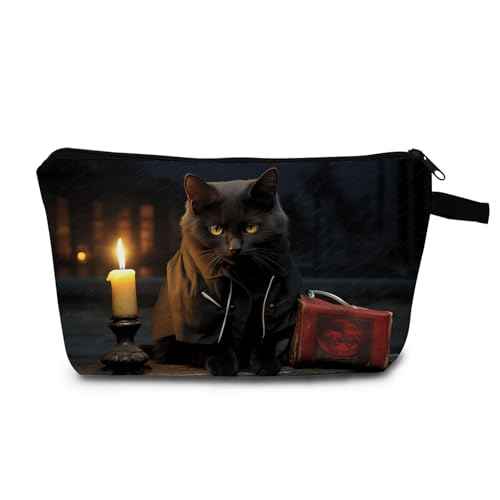 Night Black Cat Print Women Makeup Bag Cat Gifts for Cat Lovers Travel Cosmetic Bag Organizer Small Zipper Toiletry Bag