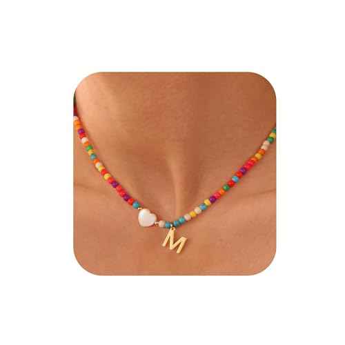 Ursteel Colorful Initial Cute Necklaces for Girls - Trendy Beaded Choker Necklace for Women Teen Girl, Personalized Letter Initial Gifts for Women Kids Jewelry