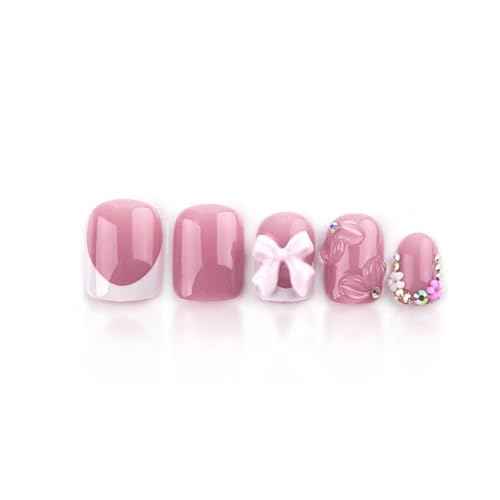 24Pcs French Tip Press on Nails with Pink Camellia Rhinestones Flash Short Square French Nails Press ons Cute Bow Sparkly False Nails Gel Glue on Nails Stick on Nails Flower Nails for Women Girls