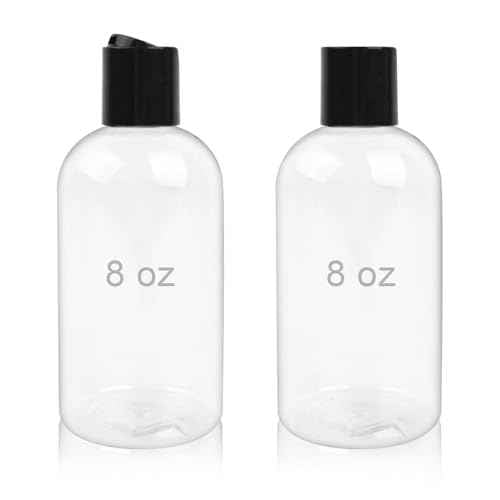 2 Pack 8 oz Empty Plastic Bottles with Black Disc Caps Reusable Clear Leak-Proof Travel Squeeze Containers for Shampoo Conditioner Toiletries Liquid Soap