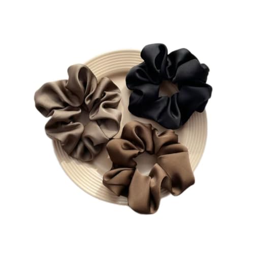 Tress 16 Silk Hair Ties Silk Scrunchies for Women Girls Fashion Hair Accessories Ponytail Holders Tie Scrunchies Hair Elastics No Damage 3pcs (Black/Brown/Mocha)
