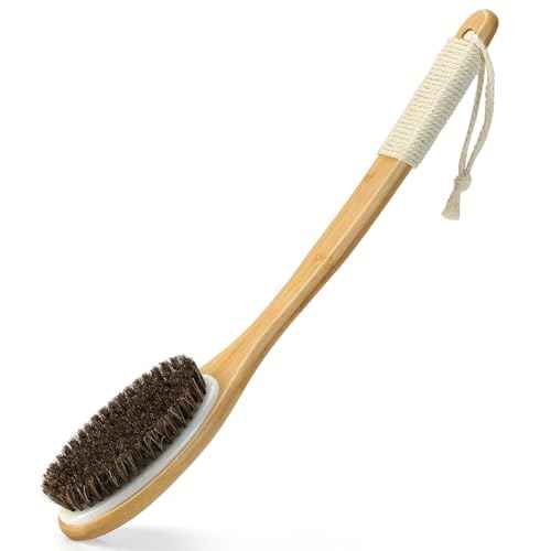 Bamboo Shower Brush with Curved Long Handle, 16.7 Inches Exfoliating Back Scrubber with Natural Bristles for Men & Women, Back Exfoliator Body Washer for Bath or Dry Brushing