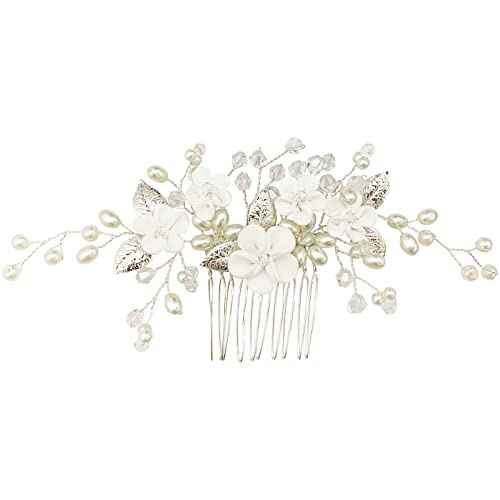 Flower Bridal Hair Vine Pieces with Comb Pearl Floral Rhinestone Leaf White Wedding Hair Pin Accessories for Women and Girls (White Flower Silver Leaf)