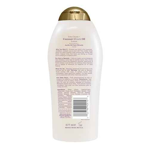 OGX Extra Creamy + Coconut Miracle Oil Ultra Moisture Body Lotion with Vanilla Bean, Fast-Absorbing Body Lotion for All Skin Types, Paraben-Free and Sulfated-Surfactants Free, 19.5 Ounce